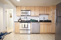 a kitchen with stainless steel appliances